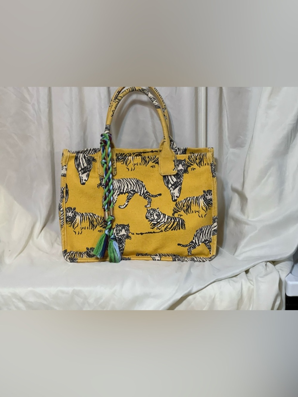 Vince Camuto Tiger Print Canvas Tote Bag with Tassel
